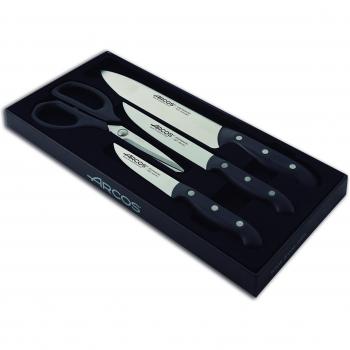 Set de Cocina Arcos Serie Maitre - 4 Piezas (3 Cuchillos + Tijeras) con Hoja de Acero Inoxidable NITRUM y Mango de Polipropileno, Color Negro