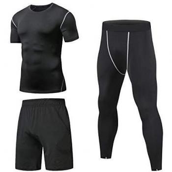 Niksa 3 Piezas Conjunto Camiseta Compresión Ropa Deportiva Hombre Pantalones Cortos y Leggings y Tops Apretada Secado Rápido para Running Fitness Entrenamiento Yoga