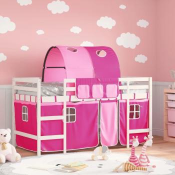 Cama alta infantil con túnel de madera de pino macizo en color rosa, dimensiones 80x200 cm