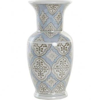 Jarrón de porcelana árabe decorativo con detalles en beige y azul (15 x 15 x 30 cm)