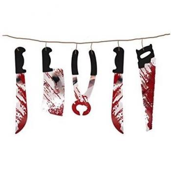 Banderín decorativo para Halloween, plástico, 1,80 m, diseño de herramientas de tortura ensangrentadas