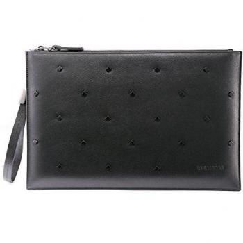 Teemzone Bolso de Mano Piel Genuino Funda de Tableta iPad Cartera de Embrague Cremallera Clavos Negro