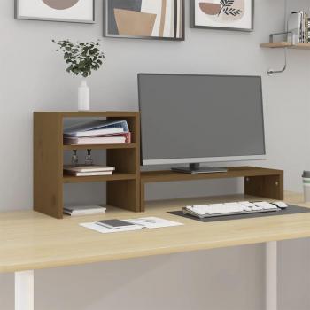 Soporte para Monitor Elevador de Madera Maciza de Pino Marrón Miel, Color Natural, Blanco y Gris, Dimensiones 81x20x30 cm
