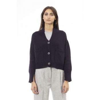 Alpha Studio Women's Wool Sweater - Purple Button-Up Cardigan with Front Pockets, Size S