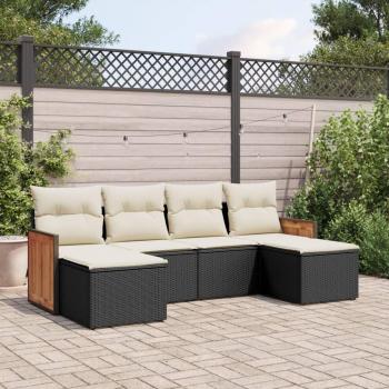 6-Piece Black Poly Rattan Garden Sofa Set with Cushions