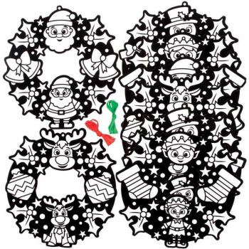 Christmas Colour-in Fuzzy Art Wreaths (Pack of 8) with 2 ribbon colours - Red & Green