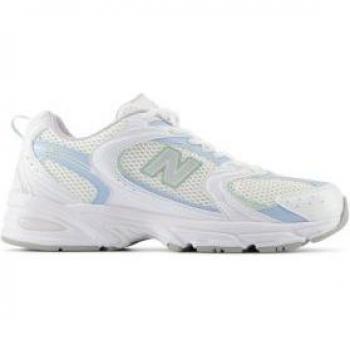 Zapatillas New Balance 530 para hombre, color blanco con detalles en polar azul claro, talla 44.5