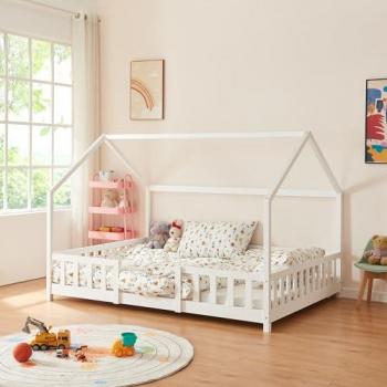 Cama Infantil Sisimiut de Madera de Pino 140x200 cm con Diseño de Casa y Protección Lateral Blanco Mate