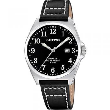 Reloj Calypso Basic K5868/4 Negro Hombre, Caja de Acero Inoxidable 316L Plateado, Correa de Piel Negra