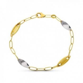 Pulsera oro bicolor 18k mujer eslabones alargados combinados ovalados mate brillo mosquetón