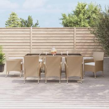 9-Piece Beige Poly Rattan Garden Dining Set with Cushions