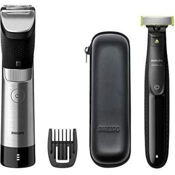 Philips Series 9000 Prestige Juego de recortadora de barba OneBlade y estuche de viaje BT9810/90 - Recortadora de barba de máxima precisión, resultados uniformes, acero duradero