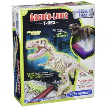Clementoni - Kit Educativo de Arqueología T-Rex - Juego de Excavación Fosforescente con Squelette y Realidad Aumentada para Niños 7 Años+