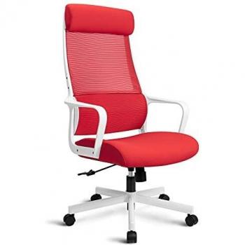 MELOKEA Silla Escritorio Ergonómica Silla de Oficina Rojo con Soporte Lumbar y Reposacabezas Ajustable, Silla de Malla Transpirable, Altura Regulable Cojín de Asiento de 10 cm, 150 kg