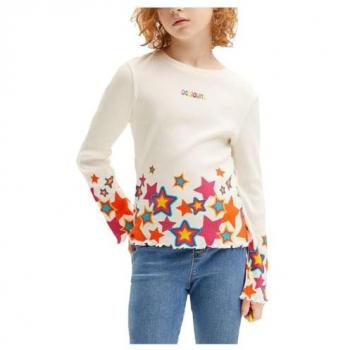 Camiseta de Manga Larga para Niña Desigual con Estrellas, Casual, Algodón, Color Beige (5/6 años = 116 cm)