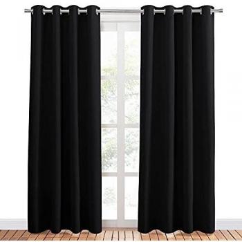 PONY DANCE Cortinas Termicas Aislantes Frio y Calor Cortinas Dormitorio Matrimonio Cortina Negra Opaca con Ojales Cortinas Habitacion, 2 Piezas, 132x210 CM, Negro
