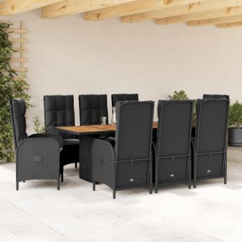 Set de comedor de jardín 9 pzas con cojines de ratán sintético negro