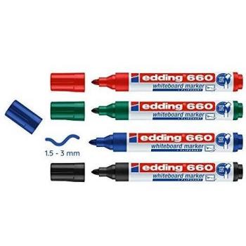 edding 660 marcador para pizarras blancas, multicolor, juego de 4 rotuladores, punta redonda 1,5-3 mm, rotulador para pizarra blanca, borrado en seco, flipchart, tablón de notas, recargable