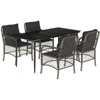 5-Piece Grey Poly Rattan Garden Dining Set with Cushions