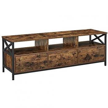 Mueble de TV rústico para salón, compatible con televisores hasta 65 pulgadas, con 3 cajones y estantes, dimensiones 147x40x50 cm, diseño en marrón y negro