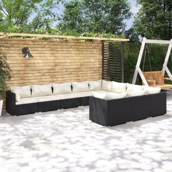 10-Piece Black Poly Rattan Garden Lounge Set with Cushions
