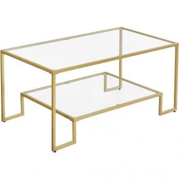 Mesa de Centro de Vidrio Templado VASAGLE, Mesa de Café con Almacenamiento, para Salón, Marco de Acero, 55 x 100 x 45 cm, Color Negro Simple/Dorado