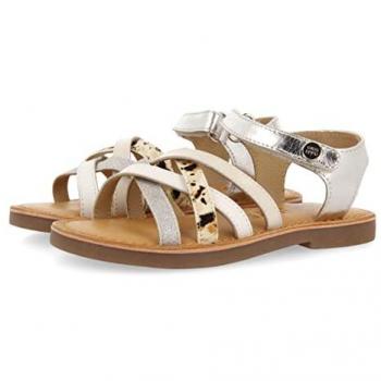 Gioseppo Sandalias Piel Animal Print Plata Niña Gracen - Acolchado de Látex, Sandalia Niñas, Plateado, 28 EU