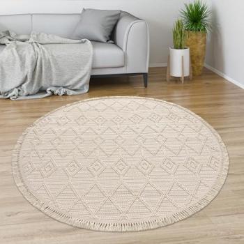 Alfombra Salon Boho Chic Dibujo Geometrico con Flecos, tamaño: Ø 120 cm Redonda, Color: Crema 7, Pelo Corto