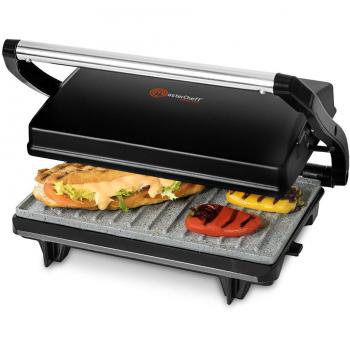 Mastercheff Panini Grill, parrilla eléctrica, plancha y sandwichera con revestimiento de piedra RockStone. 700W y superficie de 23 x 14,5 cm. My Master Grill Black de Gallery Cook