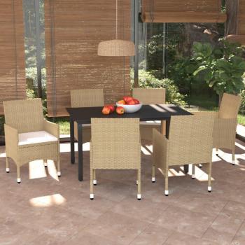 7-Piece Beige Poly Rattan Garden Dining Set with Cushions
