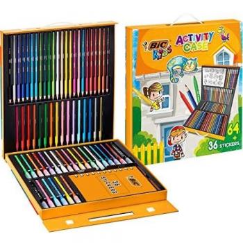 BIC Kids Maletín para Niños con 24 Lápices de Colores, 24 Rotuladores, 16 Ceras y 36 Adhesivos, Material Escolar