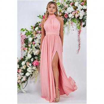 Goddiva Halterneck Chiffon Maxi Dress with Thigh Split - Peach