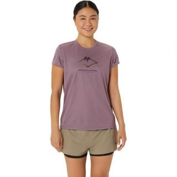 Camiseta de Mujer ASICS Fujitrail Logo Manga Corta Lila y Negro - Talla L