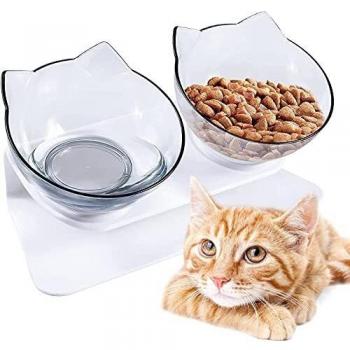 Edipets, Comedero Gato, Bebedero Gatos, Transparente, Tazón Doble Ajustable, Cuenco con Soporte Elevado, Agua y Comida, Evita Lesiones Cervicales