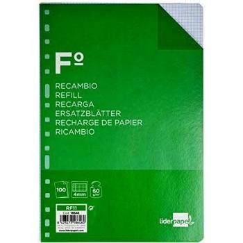 Liderpapel Recambio Folio 100 hojas, con margen 60G/M2 Cuadro 4MM, 16 taladros, RF11