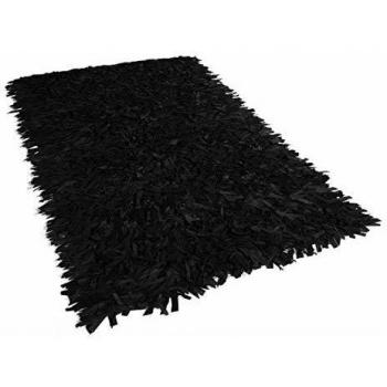 Alfombra de piel genuina negra 140 x 200 cm, hecha a mano, estilo shaggy, rectangular