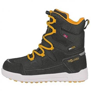 Trollkids Botas De Nieve Finnmark Impermeables para Niños con Cuero Genuino, Color Antracita Amarillo Dorado, Talla 32 EU