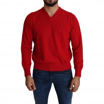 Billionaire Italian Couture Red V-neck Wool Sweatshirt Pullover Sweater - XL, Iconic Red Wool Embroidered Sweater, Male, Size: XL