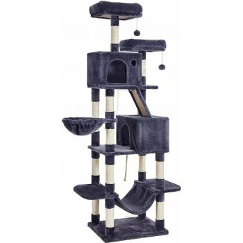Árbol para gatos de 168 cm en gris ahumado, varios niveles, 2 viviendas, rampa rascador