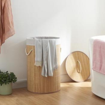 Cesto para la ropa Salla con tapa y bolsa extraíble de bambú y poliéster 60 x Ø 38 cm (68 L) - Marrón Natural