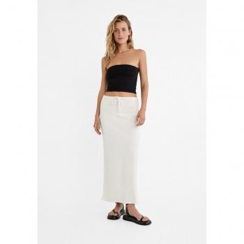 White Linen Blend Drawstring Midi Skirt L