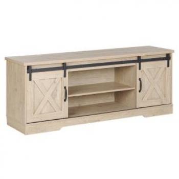 Beliani Soporte para TV de madera clara con unidad de almacenamiento, estantes y puertas corredizas estilo rústico para televisores de hasta 70 pulgadas