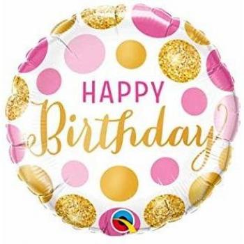 Qualatex 49164 - Globo Redondo con Lunares de cumpleaños, 45,7 cm, Color Rosa y Dorado