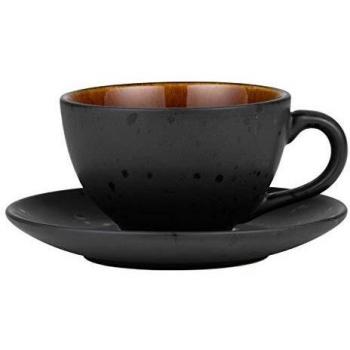 BITZ - Taza con platillo – gres – negro/ámbar – 0,22 l