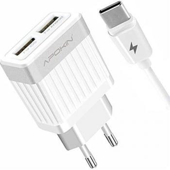APOKIN® Cargador Rápido Doble USB con Cable Tipo-C USB 18w Compatible Samsung Galaxy A51 A71 A52 5G A50 A20E A20 A30S A30 M20 M30S,Huawei, Xiaomi, Vivo, Realme, OPPO,Vivo, TCL. Cable Tipo C Blanco
