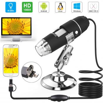 Microscopio USB, Splaks 1000x de Alta Potencia USB Microscopio Digital 3 en 1 Microscopio Digital con 8 Luces LED y Soporte para Microscopio Compatible con Windows, Android y Mac