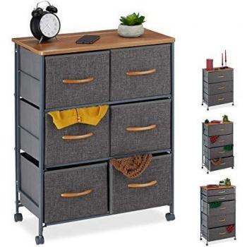 Cajonera con Ruedas y 6 Cajones Textiles, Decoración en Efecto Madera, 74,5 x 58 x 30 cm, Gris - Relaxdays