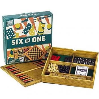 Professor Puzzle Wooden Games Compendium - Portable Six in One Combination Game Set - Checkers, Chess, Backgammon, Pick-up Sticks, Cards & Dominoes Set.