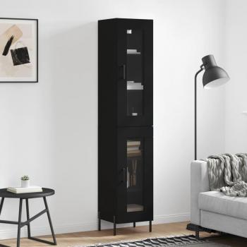 Aparador alto de madera contrachapada negro 34,5x34x180 cm con 1 puerta de cristal, mueble de almacenaje para salón, buffet y armario auxiliar