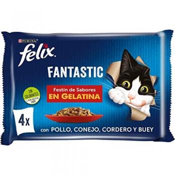 FELIX FANTASTIC FESTÍN SABORES - Comida Húmeda para Gatos Adultos, Pack Surtido de Carnes (Buey, Pollo, Conejo y Cordero), 12 paquetes de